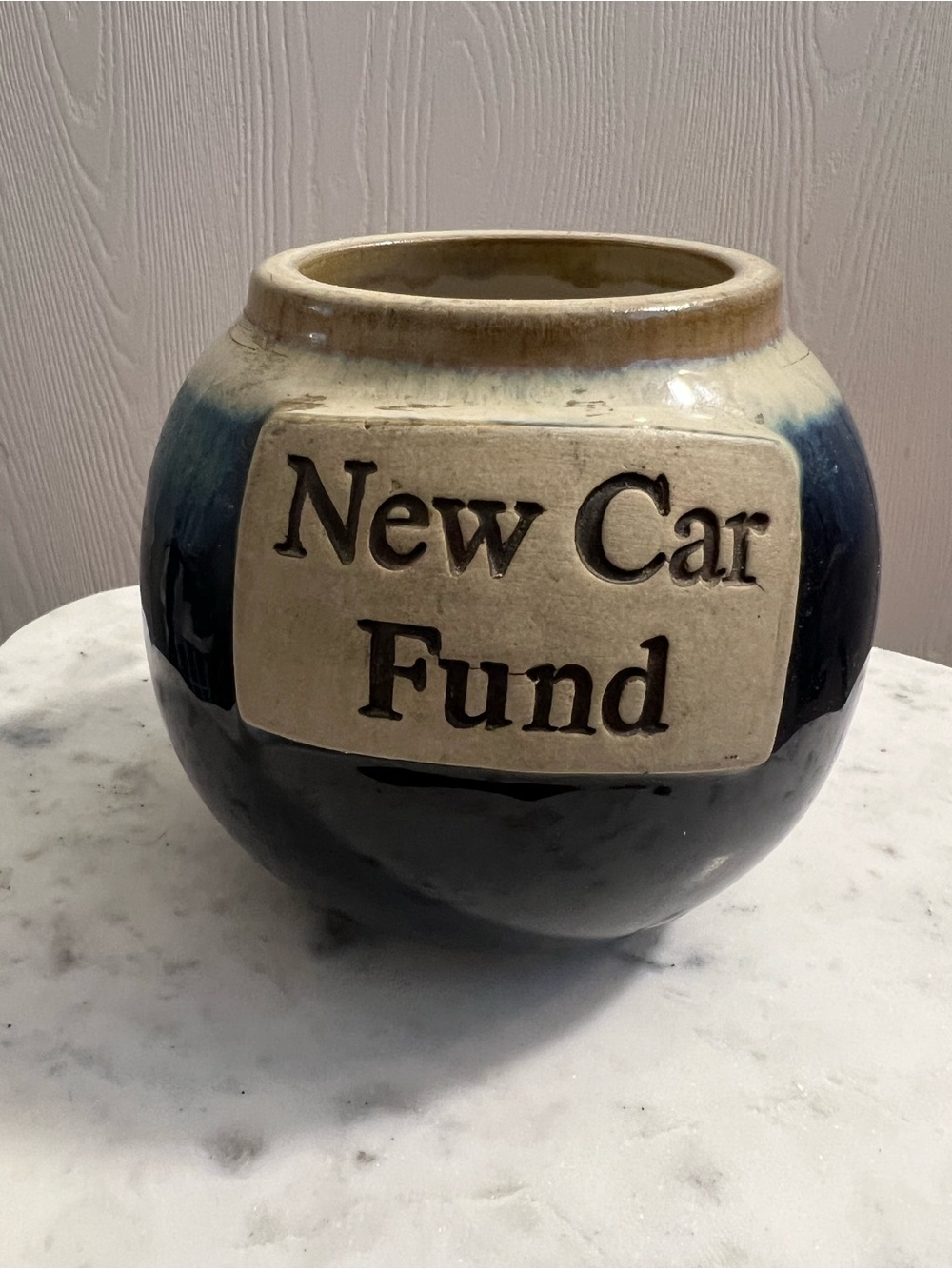 Ceramic “New Car Fund” Savings Jar in Blue and Cream